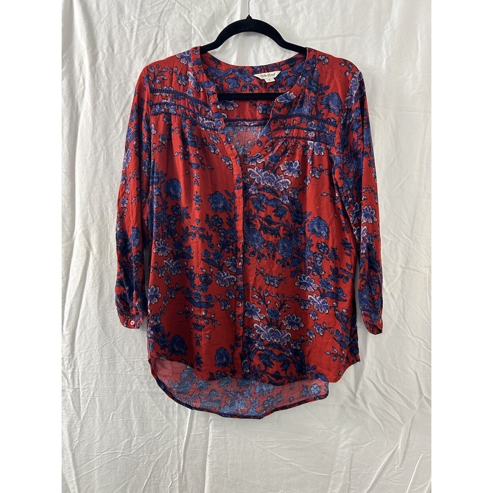 Lucky Brand Red Blue Floral Print Long Sleeve Button Down Women's Shirt Size S